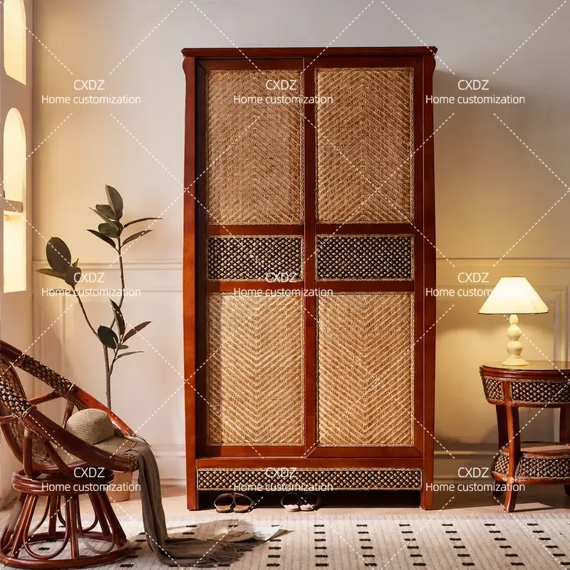 New Chinese Style Solid Wood Wardrobe Double Door Sliding Rattan Bedroom Storage Cabinet for Southeast Asia Household