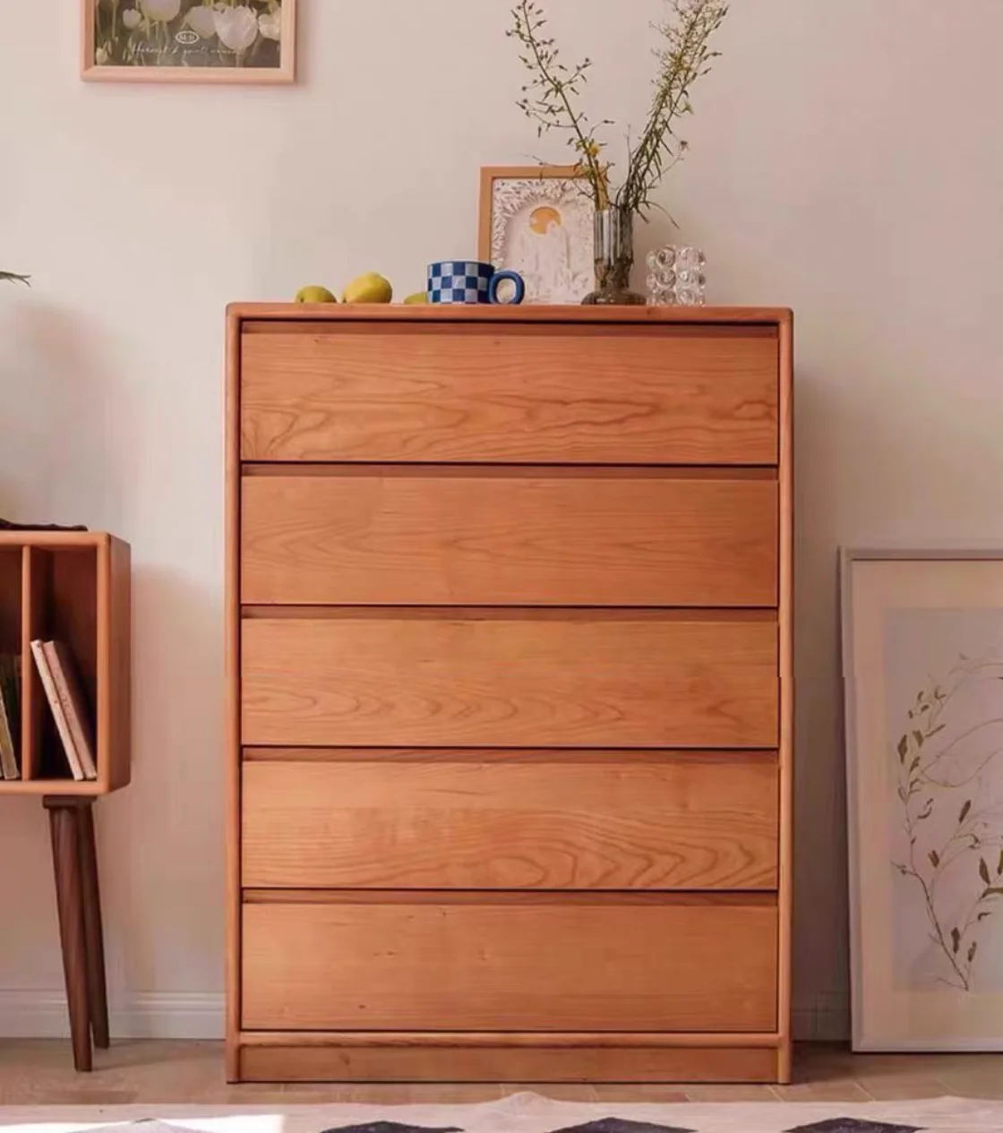 #North American Solid Wood Five-Drawer Freestanding Chest Drawers Floor Cabinet Large Capacity Log Style Multifunctional Living