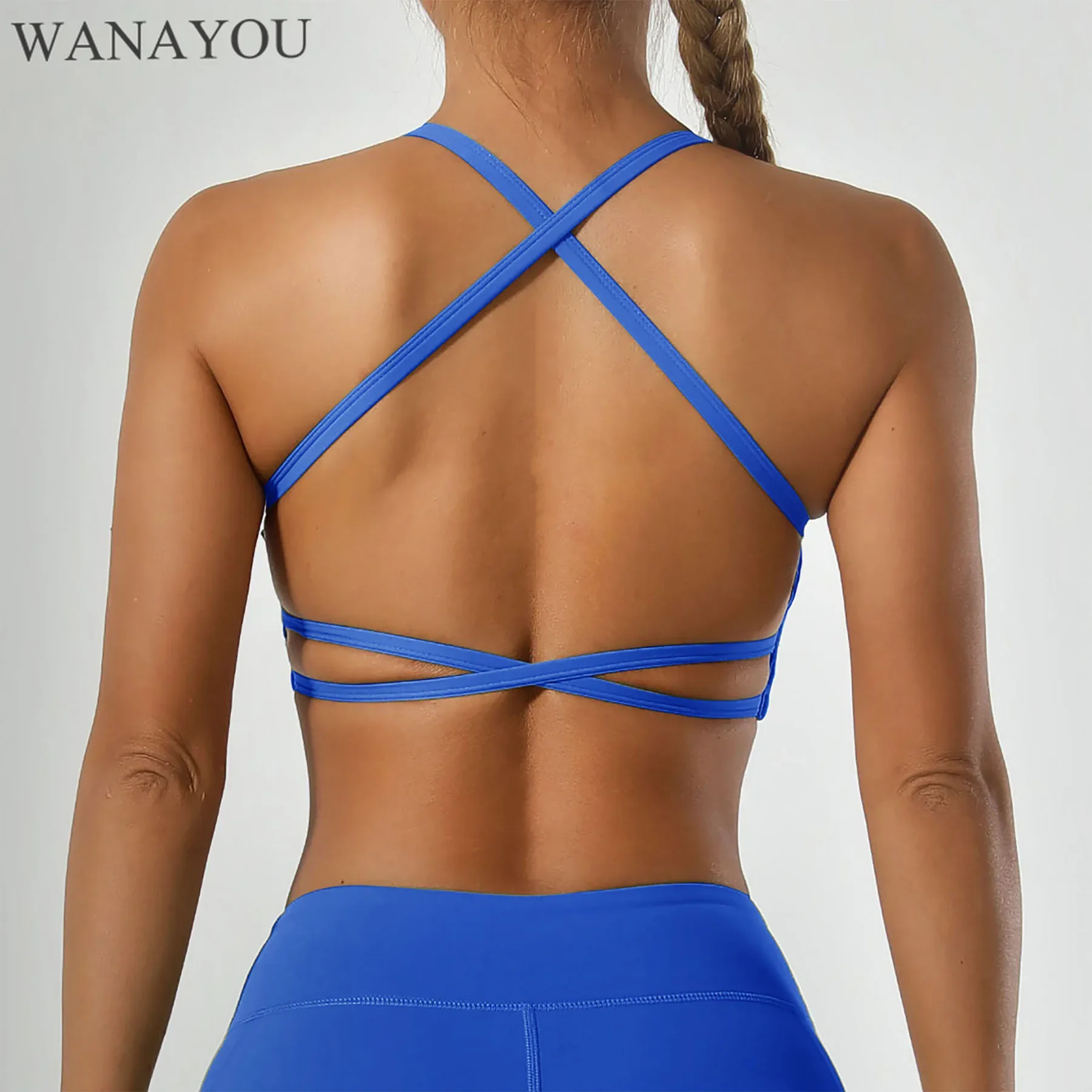 WANAYOU Scrunch Sprort Bras for Women Thin Straps Yoga Bra Open Back Gym Fitness Crop Tops Workout Running Top  Push Up Bralette