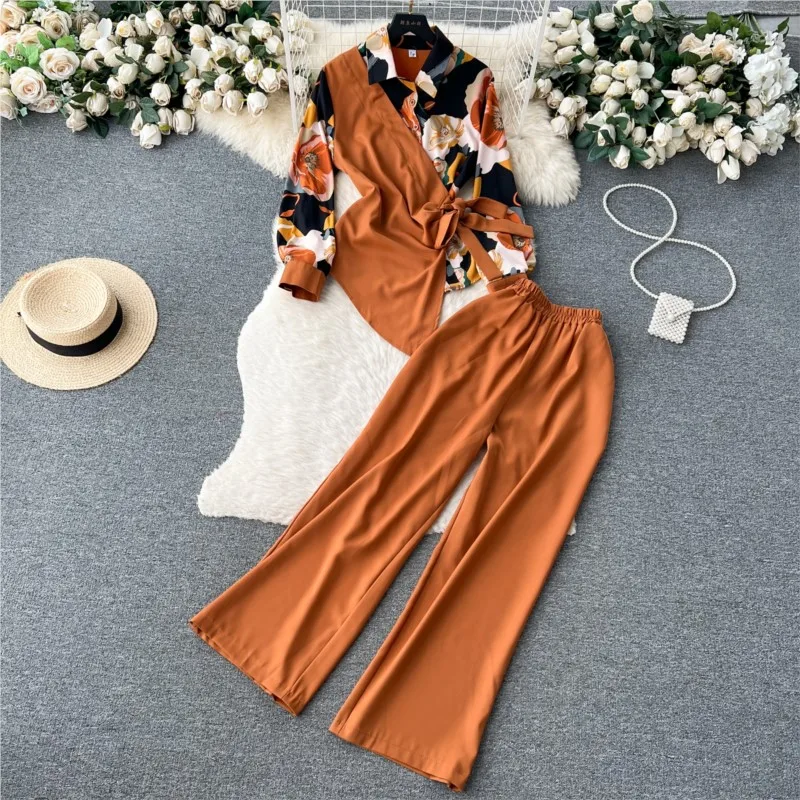 Elegant Women Two Pieces Set Vintage Irregular Print Lace-up Shirts Tops Wide-Leg Pants Outfits Female Holiday Trousers Suit New