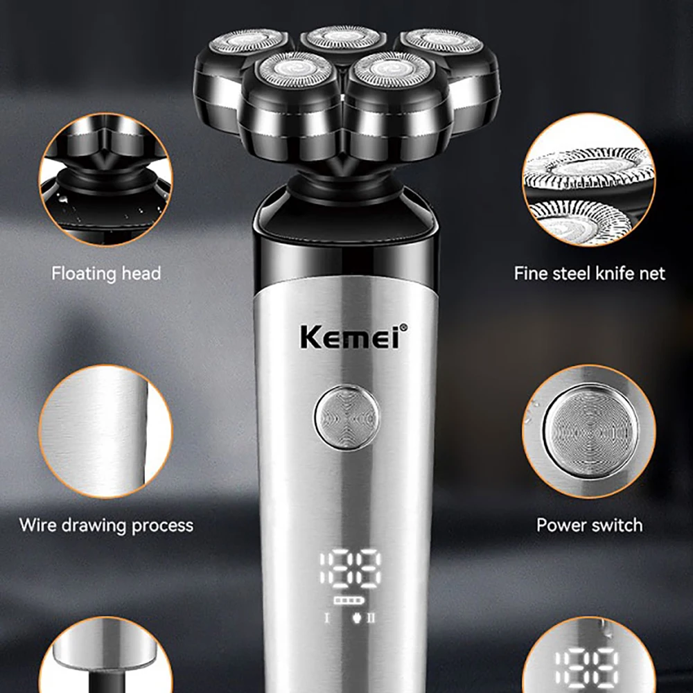 Kemei Rechargeable 5 Blades Shaver Electric Rotary Razor Bald Head Intelligent Wet Dry Men Beard Shaving Trimmer IPX5 Washable