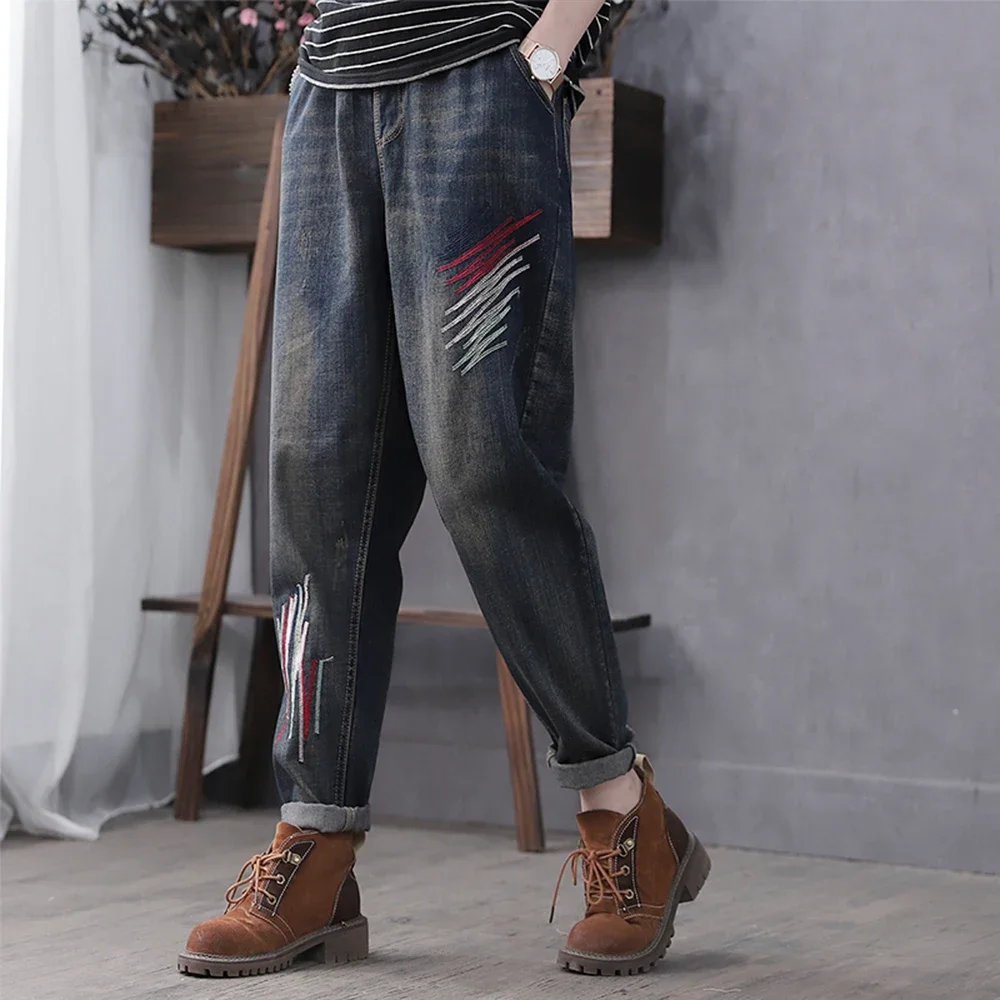 

High Quality Women XS-5XL Retro Embroidered Patchwork Loose Jeans Oversized Washed High Waist Harem Pants