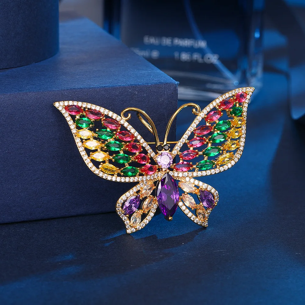 Korean Colorful Zirconium Butterfly Zircon Brooch Women's Corsage Luxury Hollow Animal Brooches Trendy Suit Coat Accessories