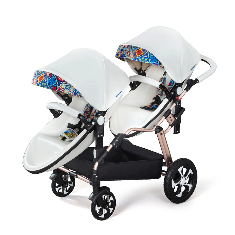 2024New Luxury twins baby stroller,aluminum frame PU leather twin pram,baby can sit and lying,double baby stroller carriage