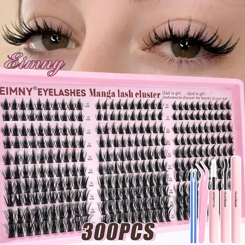 EIMNY 300PCS Little Devil Style Lash Extensions 10-16mm Including Glue Tweezers Cotton Swabs Manga Lashes Natural Voluminous