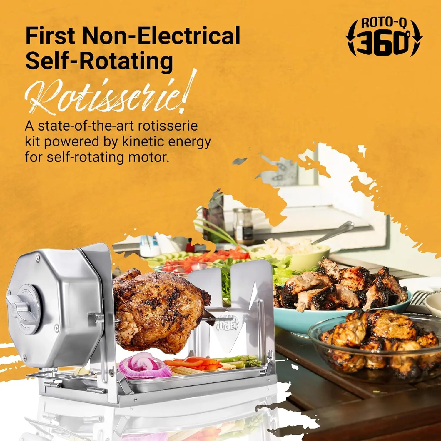 Bundle - Cordless Rotisserie Kit for Grills, Ovens, Smokers - Non-Electric Spit Roaster - Indoor/Outdoor BBQ - Stainless