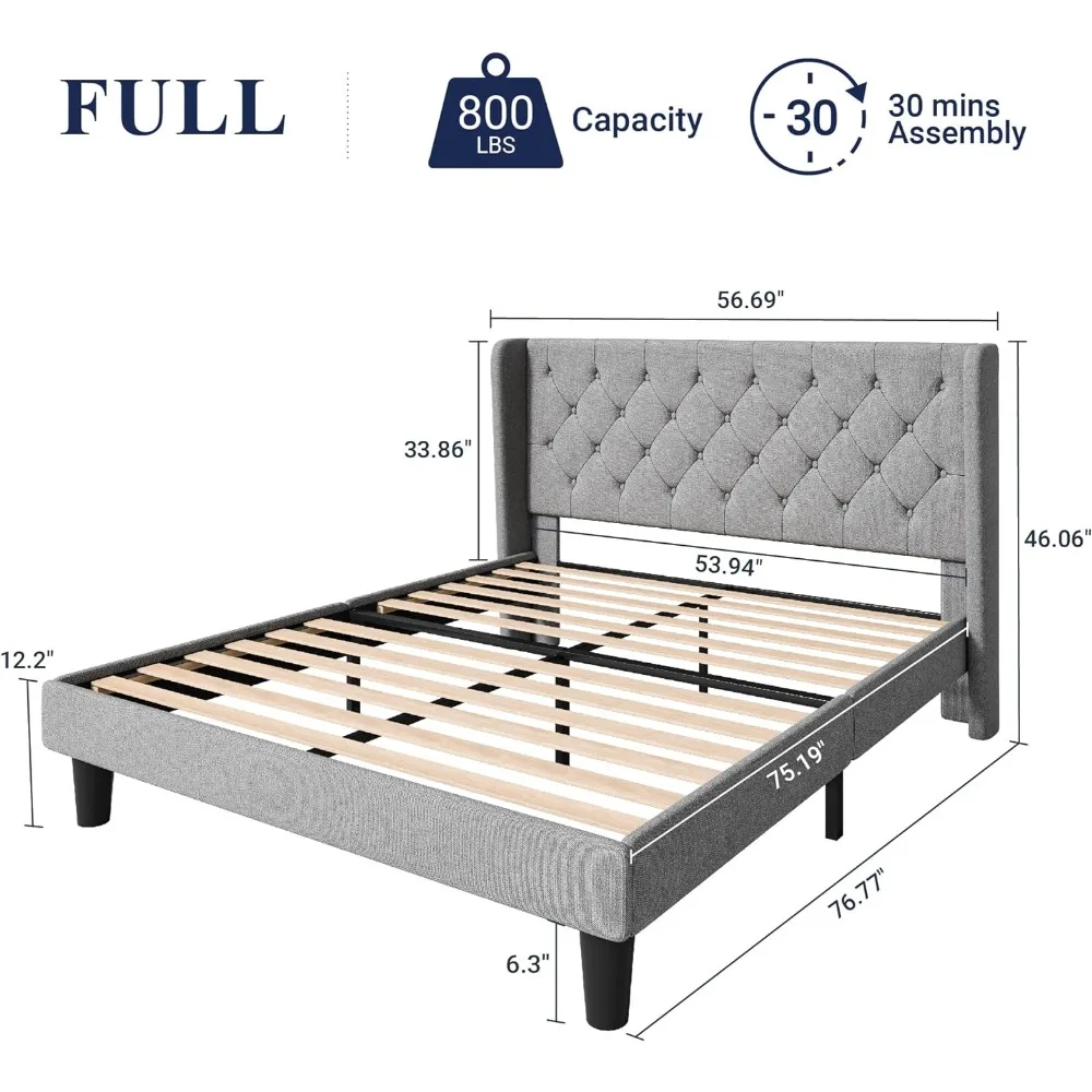 with Button Tufted Wingback Headboard,Modern Fabric Upholstered Platform Frame No Box Spring Needed,Easy Assembly, Light Grey