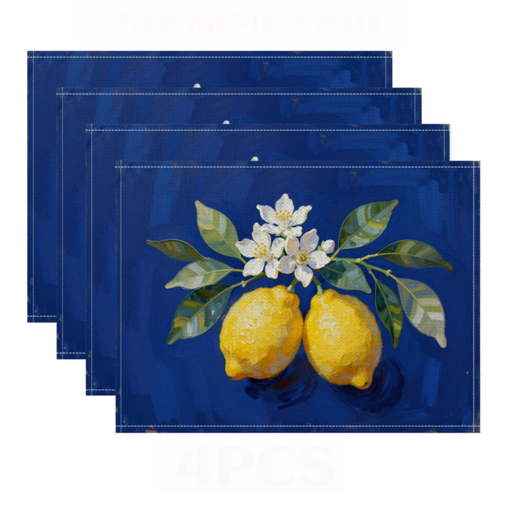 Blue Background Lemon Blossom Placemats Vintage Fruit Table Decor Mediterranean Sideboard Display Coastal Dining Table Gift