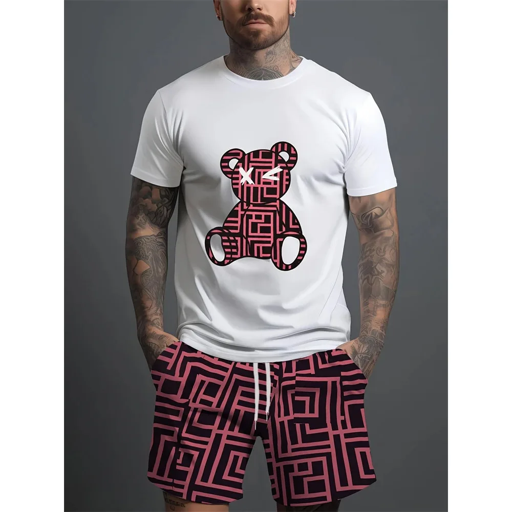 T-shirt ort Sve con stampa orso 3D da uomo Set Cross Border Sle Abbigliamento casual estivo Colletto in materiale sottile Vestibilità comoda