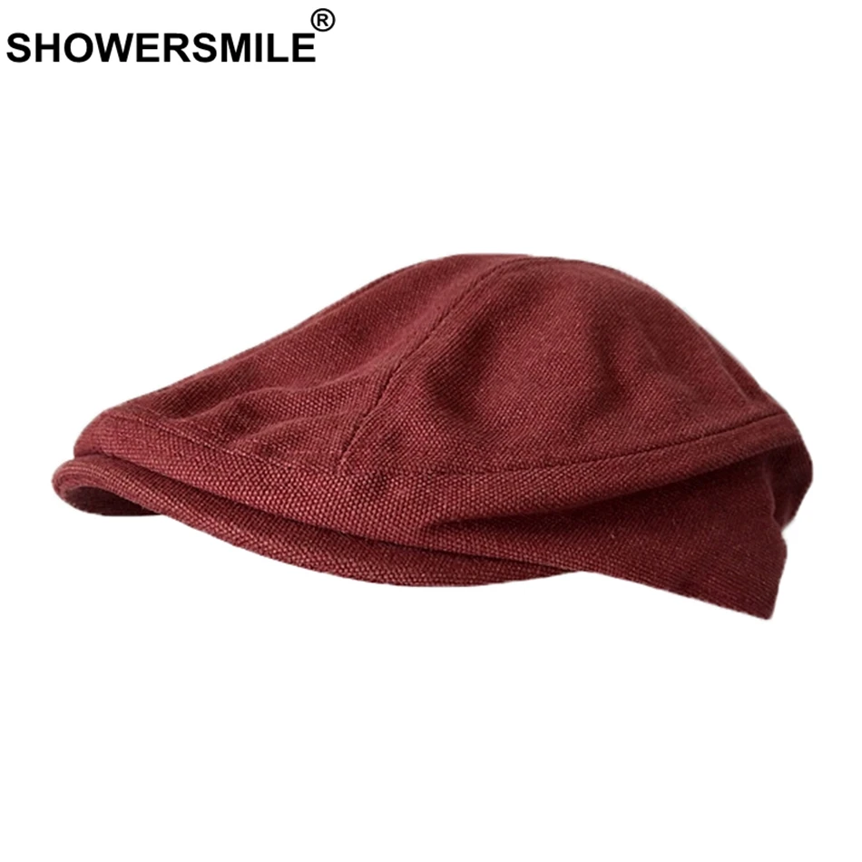 SHOWERSMILE Spring Summer Canvas Flat Cap for Men Beret Hat 100% Cotton Beige Ivy Cap Male Solid Vintage British Brand Hats