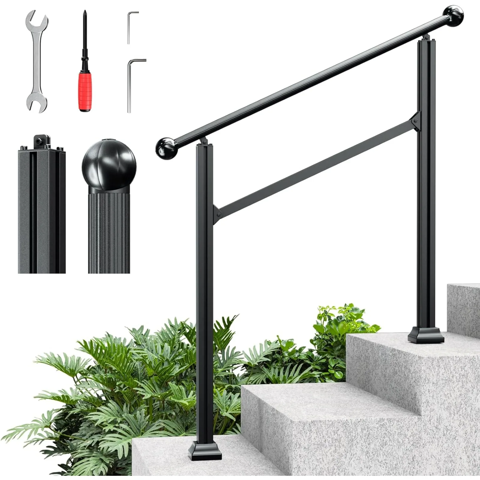 US  Heavy Duty 3 Steps Handrails for Outdoor Steps - Adjtable Height Outdoor Stair Railing Fits 2