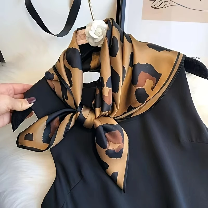 Luxury Brand Women Leopard Print Square Hijab Scarf Soft Satin Silk-like Small Neck Scarf Stylish Casual Headscarf