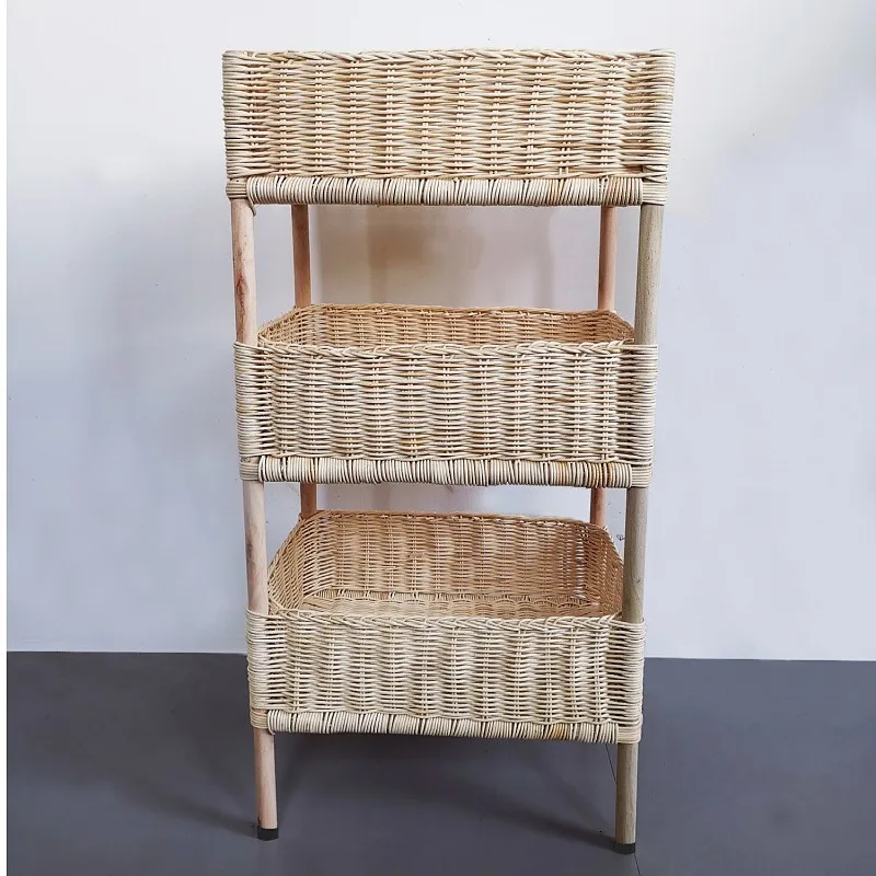 Rattan Storage Rack Floor Standing 3-Tier Fixed Basket Shelf Handwoven Modern Minimalist Organizer for Living Room 6