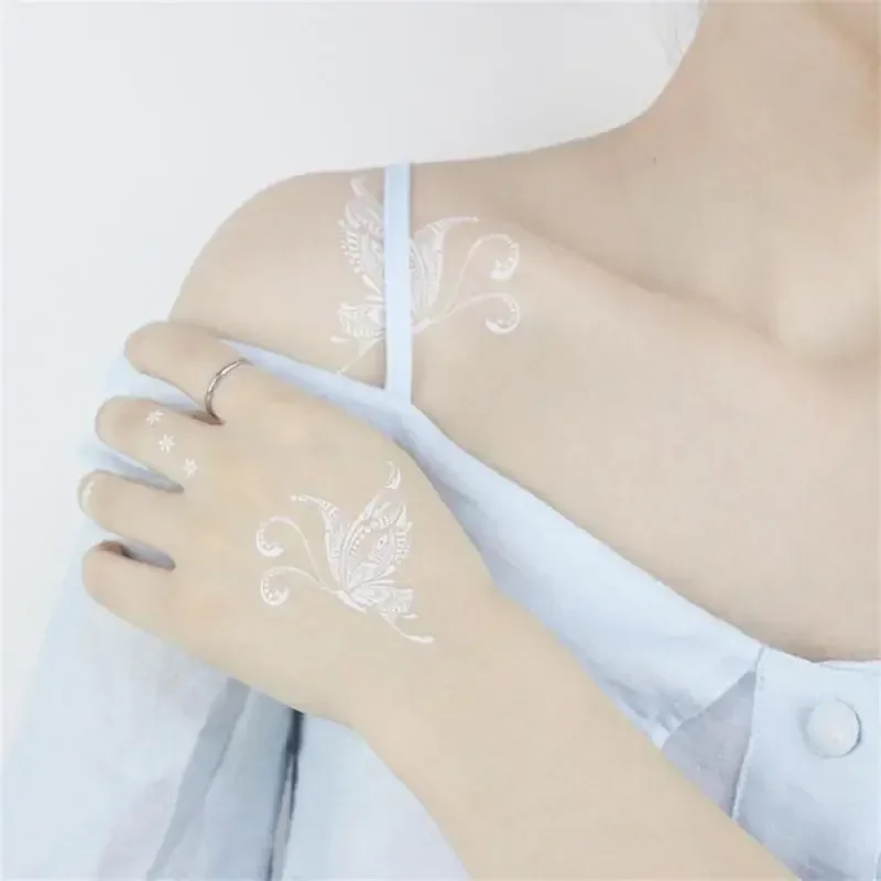 รอยสักชั่วคราวกันน้ํา Face คอ Water Transfer สีขาว Henna TATTOO ปลอม Moon Star Lace TATTOO Designs สติกเกอร์รูปลอก