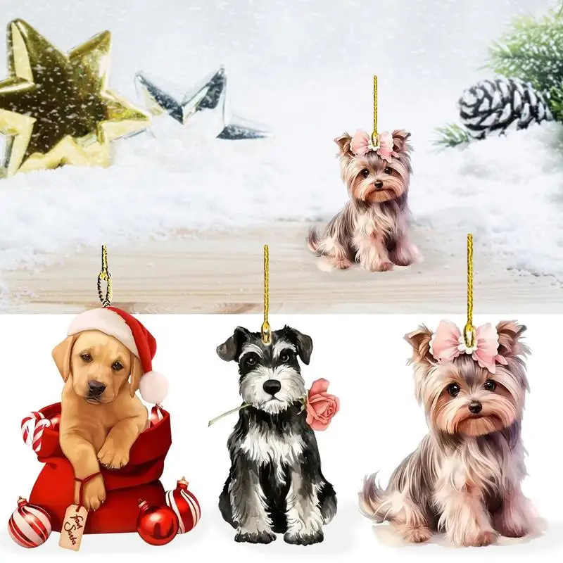 Cartoon Cute Dog Christmas Ornaments Xmas Tree Acrylic Dog Pendant Hanging Decoration Party Supplies Home Car Decor