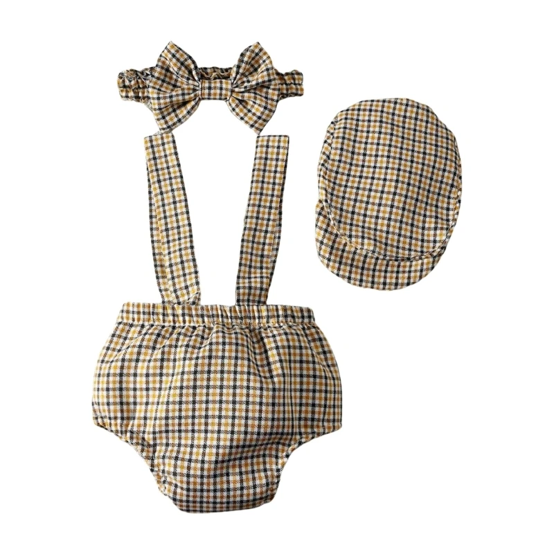 Baby Boy Outfit Newborns Gentleman Photography Checkered Suspenders Bow Tie and Hat for Photoshoots 0-1 Month