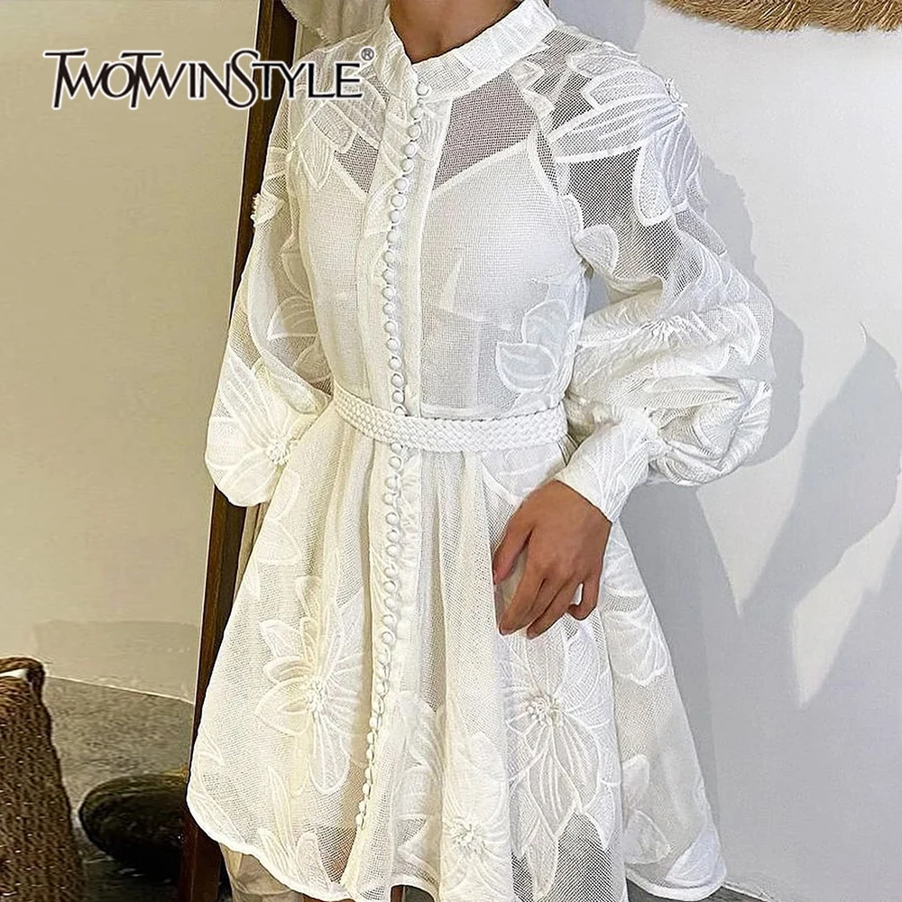 

TWOTWINSTYLE Solid Patchwork Lace Up Elegant Dress For Women Stand Collar Long Sleeve High Waist Dresses Female Fashion Style