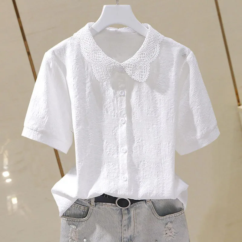 Retro Lace Splicing Female Shirt Simple Wild Short Sleeve Ladies Cotton Top Summer 2022 Single-Breasted Short Shirt Women\'s