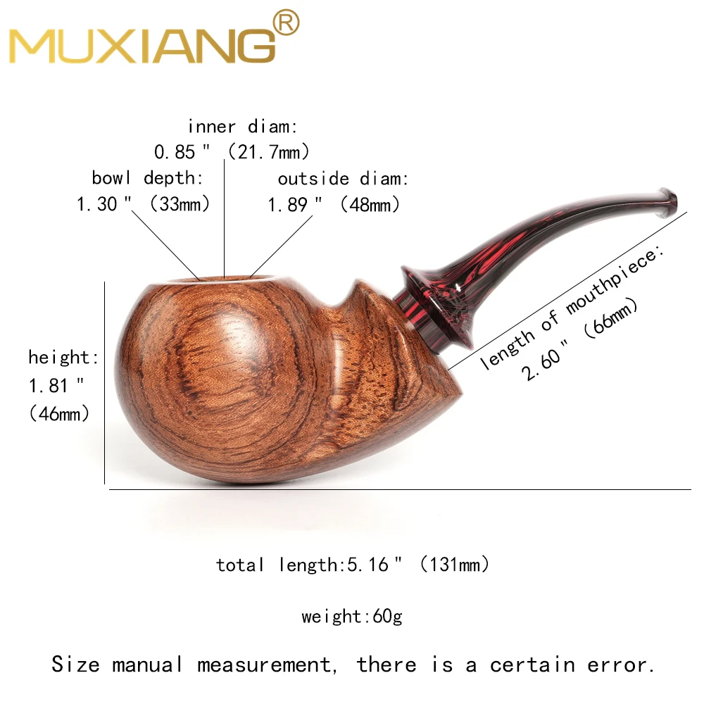 

MUXIANG apple-shaped cavity tobacco pipe colored pipe mouth imported rosewood pipe curved handle large diameter smoking pipe