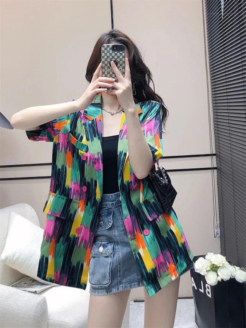 2024 Summer Female New High end Retro Watercolor Speckled Ink Suit Coat Texture High end Explosive Street Top Women Loose Blazer