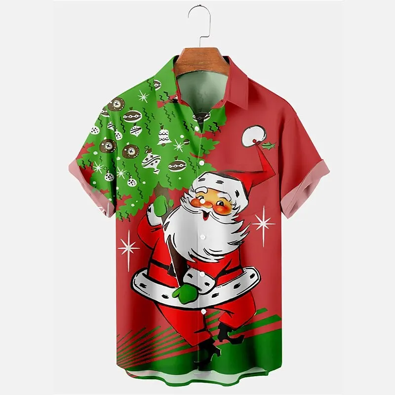 Cute Santa Claus Printed Short Sleeve Shirt New Year's Blessing Open Collar Men's Lapel Top Comfortable Casual Men's Shirt