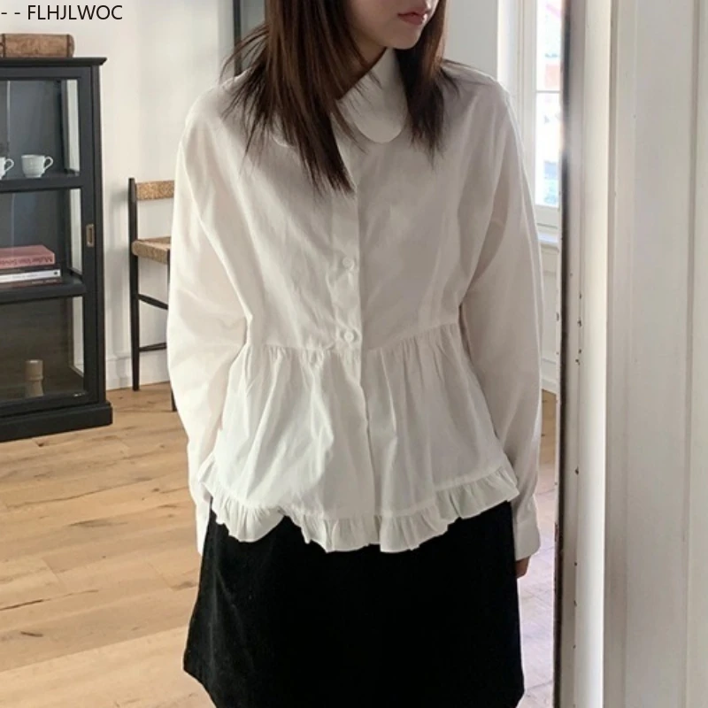 Katoen Chic Korea Leuke Peter Pan Kraag Tops Blusas Vrouwen Japan Meisjes Stijl Vintage Preppy Stijl Ruches Peplum Witte Shirts