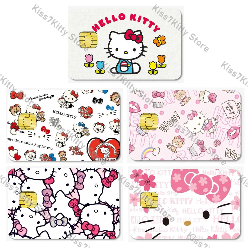 Autocollant de carte de débit de crédit Hello Kittile Anime kt Pochacco, autocollant de poker mignon bricolage, peau de bande de film étanche pour petite puce, 5 pièces