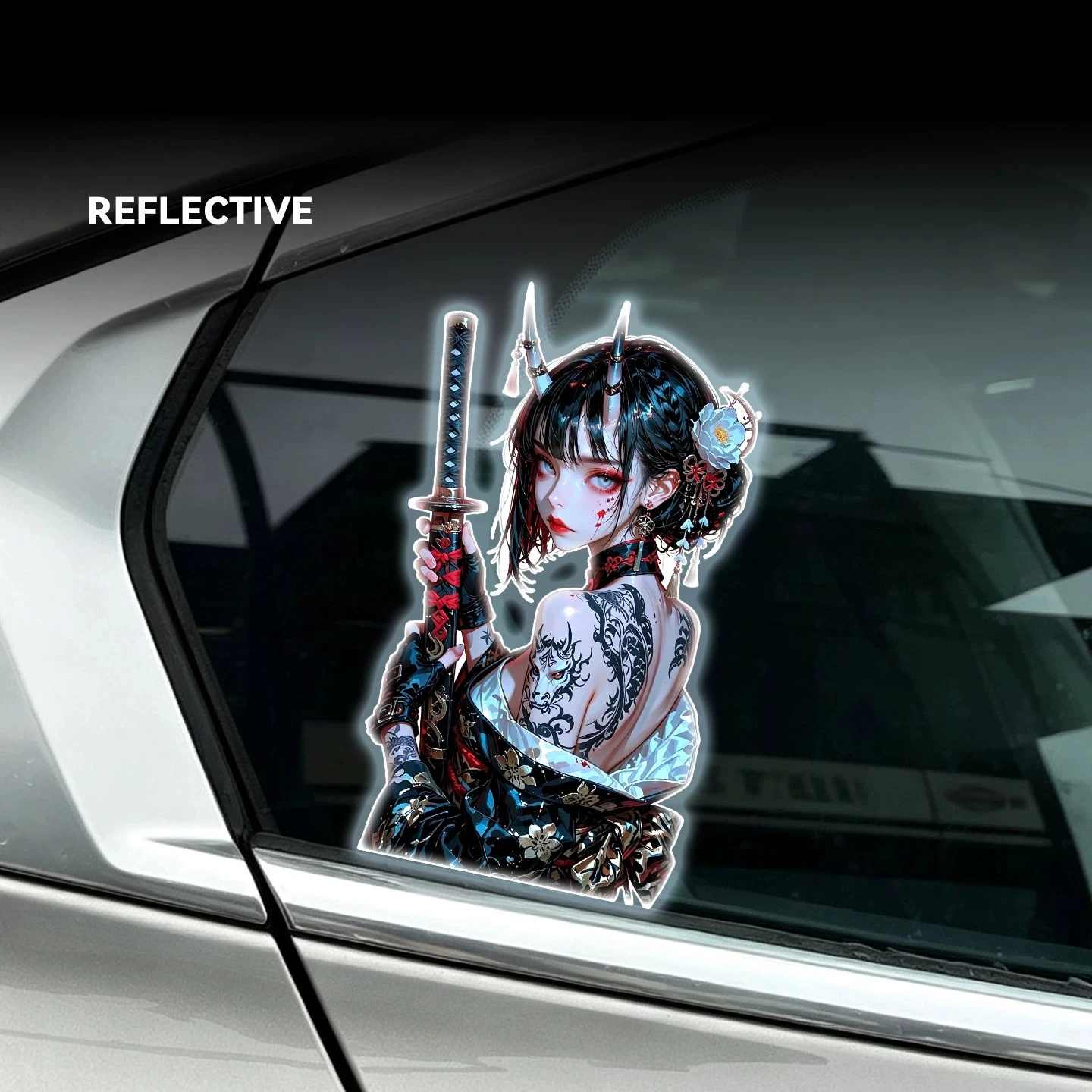 Personality Tattoo Female Samurai Reflective Vinyl Decal Self-adhesive Sticker for Notebook Laptop Desktop, Auto Body Mod Decor