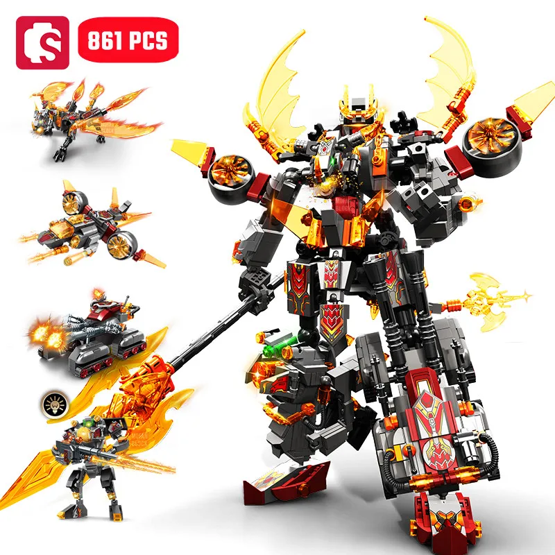 SEMBO 861pcs 4IN1 Lava War God-LvBu Transforming Mech Assemblage Building Blocks Tank Fighter Dragon Model Bricks Boys Toys Gift