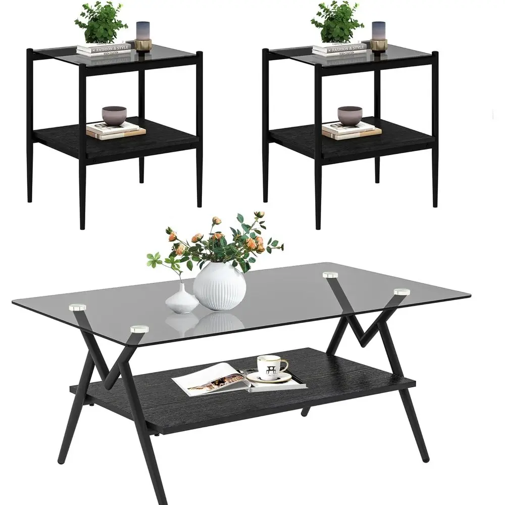 

Grey Glass Coffee Table Set with 3-Piece Living Room Tables, Black Metal Legs and Wooden Bottom Shelf, Center Cocktail Furniture