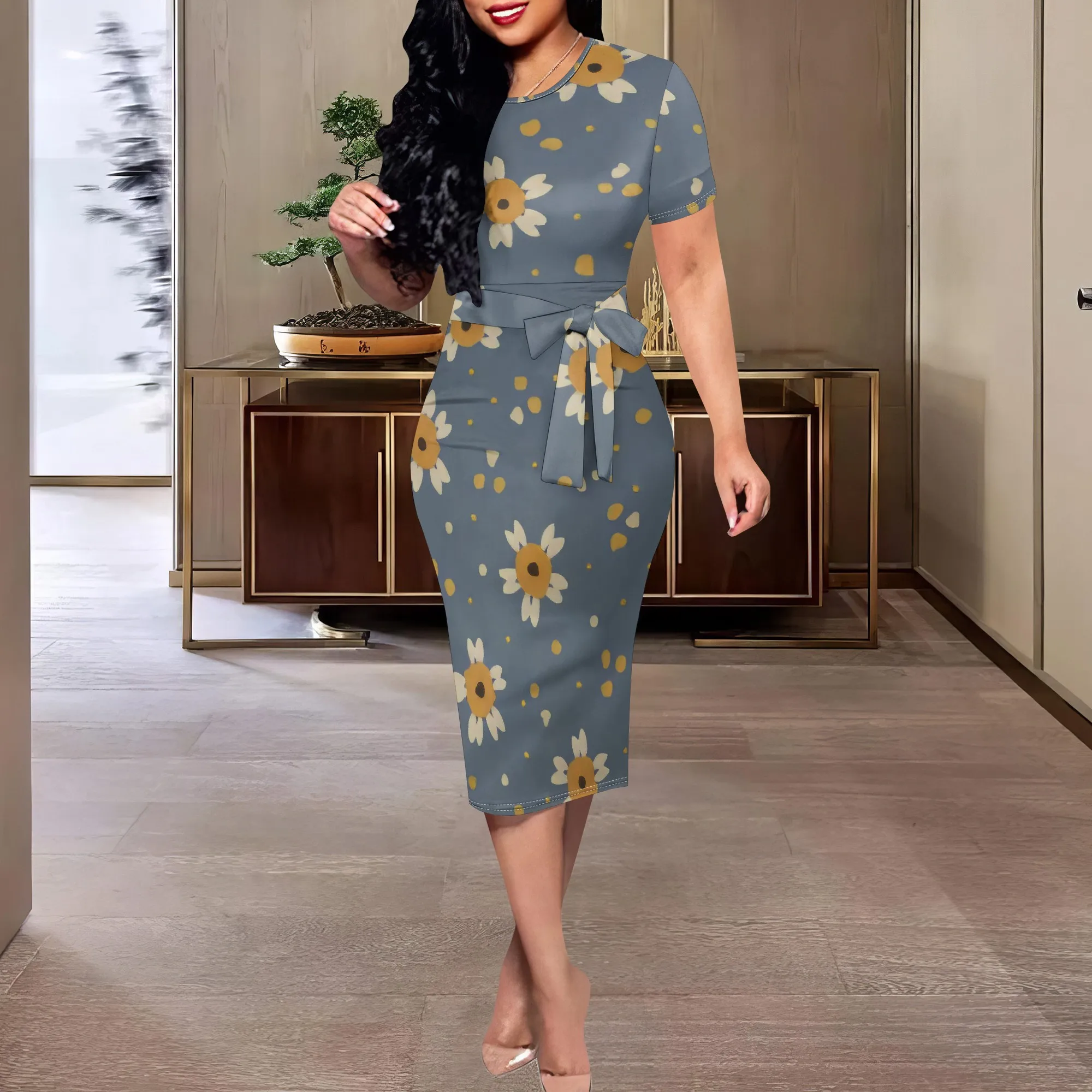 Abito aderente sexy da donna Girocollo estivo Manica corta Elegante stampa floreale Matita Chiesa Cocktail Party Abiti midi