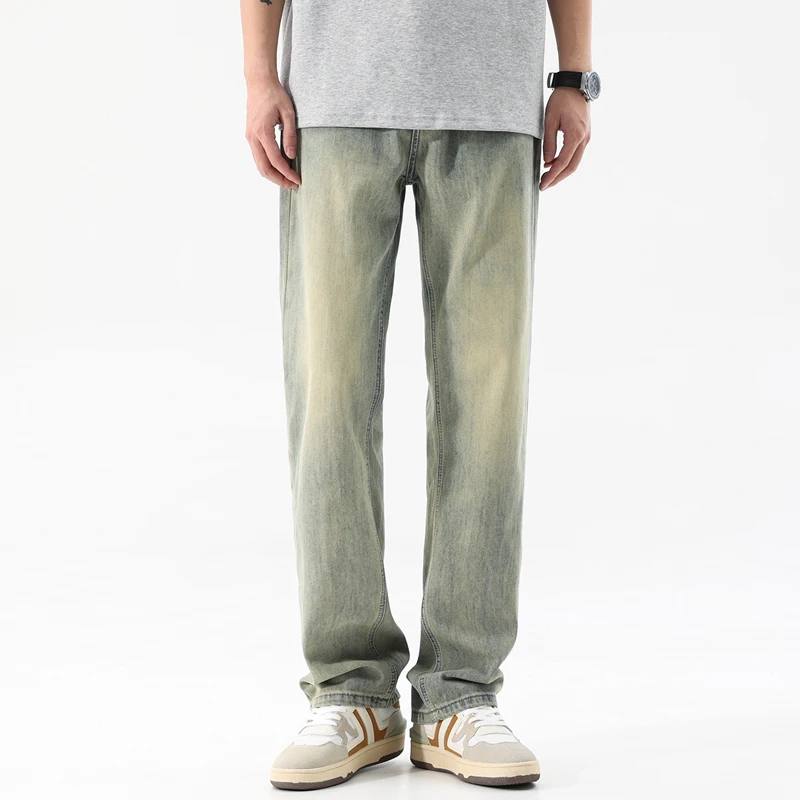 2024 Spring and Summer All-Match Yellow Mud Dyed Washed Worn Jeans Men's Korean Fashion Stretch Retro Straight Tall Trousers