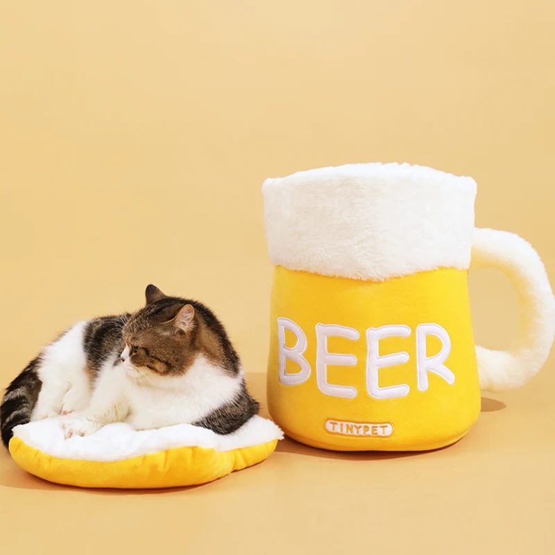 

60cm Beer Soft Plush Bed for Cats Puppies Pillow Extra Large Deep Sleep Kitten Small Dog Teddy Corgi Washable Home Puppy