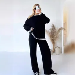 Autumn Winter Women Knit Two Piece Set Casual Split O-neck Long Sleeve Sweater And Long Pants Sets 2024 Female Home Suit