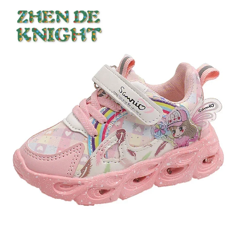 2024 Leather Cartoon Lights Girls Luminous Casual Sneakers Spring and Fall New Flash Princess Shoes