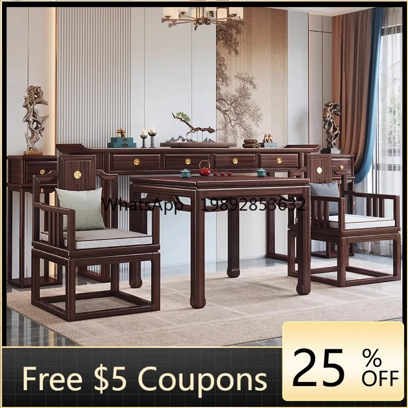 LYY New Chinese Style Solid Wood Altar Six-Piece Set Tai Shi Chair Black Walnut Wood Offering Table Combination Eight Immortals