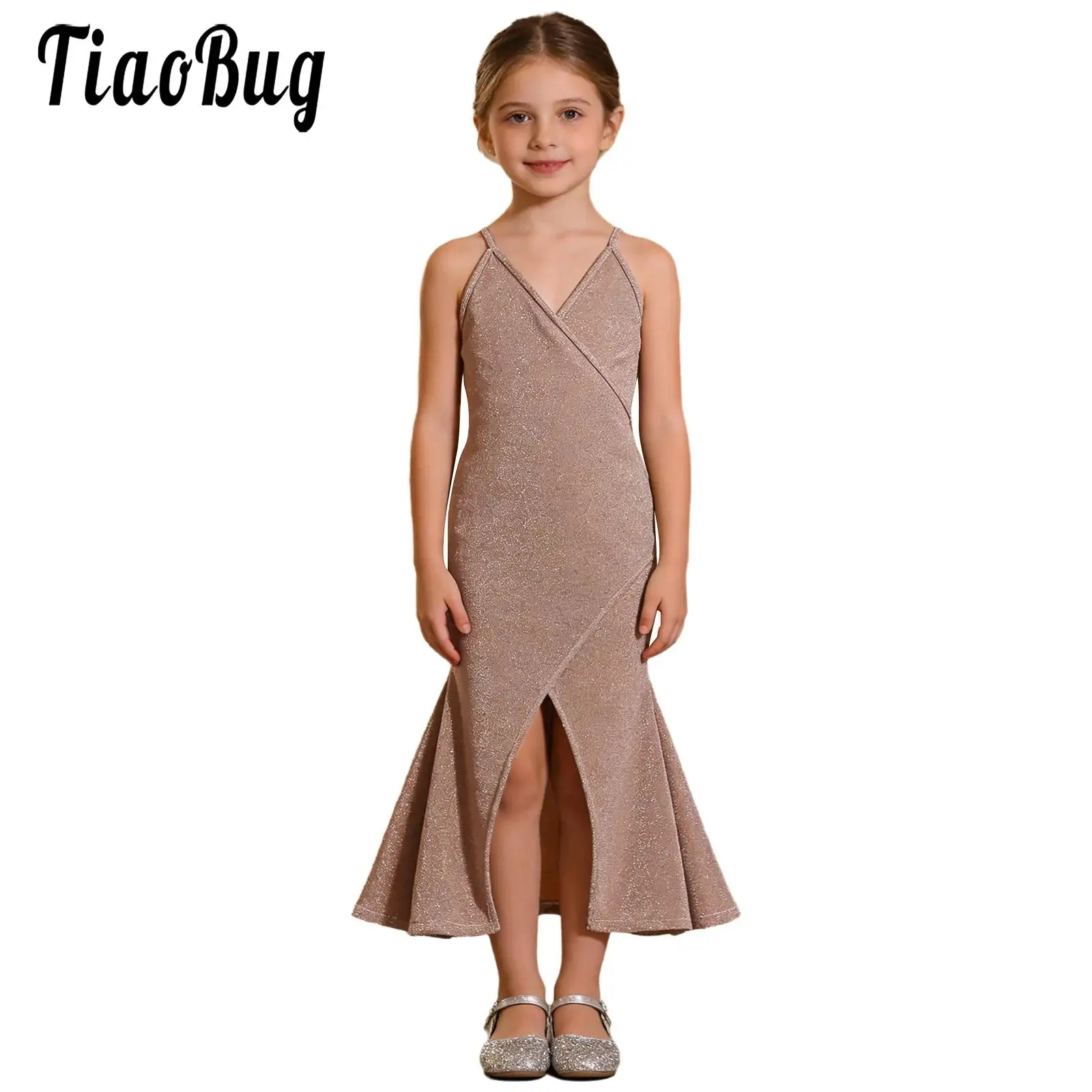

Kids Girls Shimmery Split Party Dress V-Neck Adjustable Spaghetti Straps A-lined Dress for Birthday Pageant Stage Performance