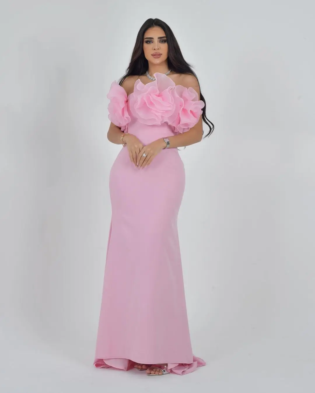 

Customized Mermaid Prom Dresses Sleeveless Pink Strapless Flowers Floor Length Pleated Back Zipper Simple Evening Dresses