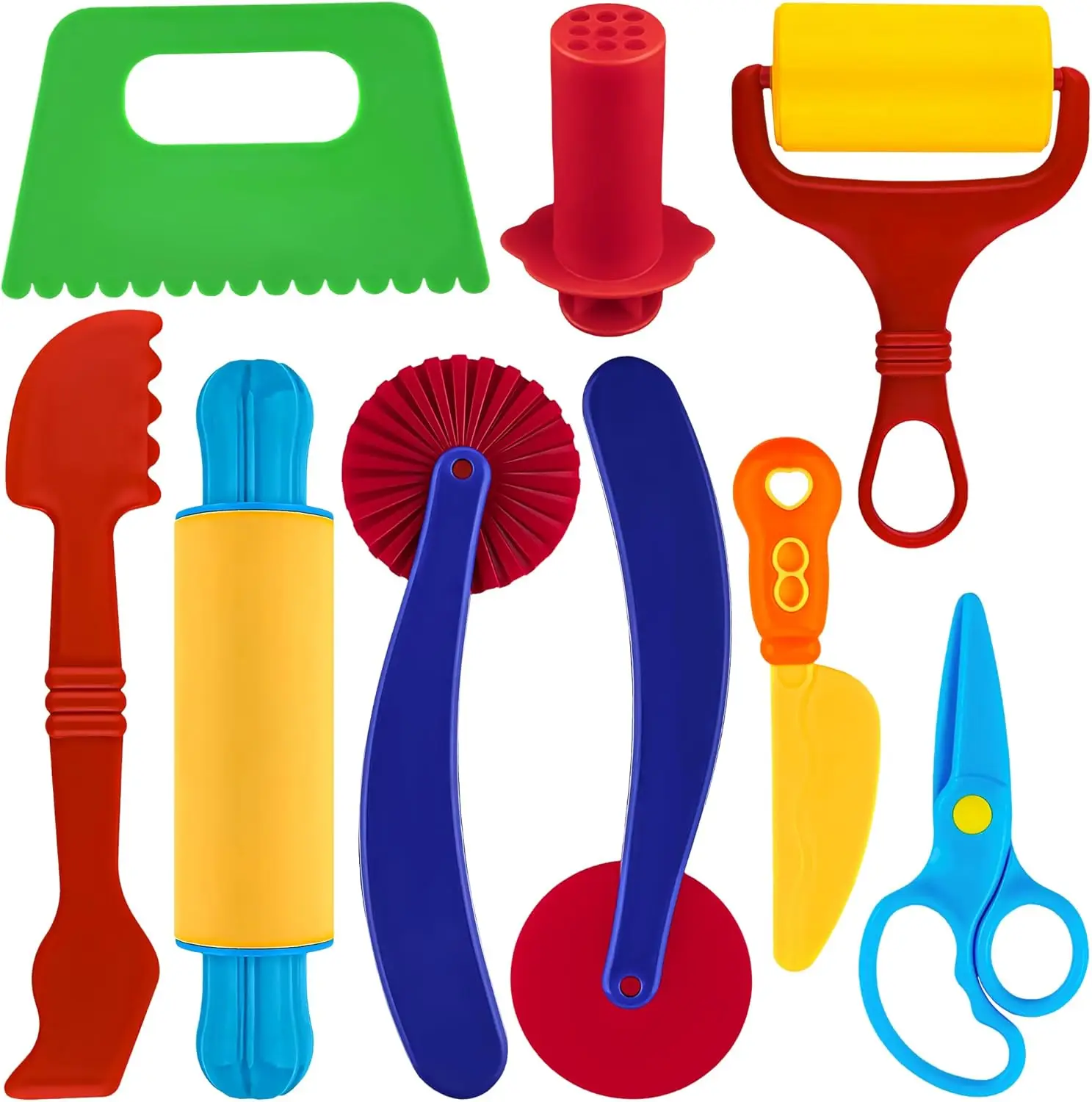 

9-Piece Dough Play Tool Set for Kids with Pizza Cutter, Rolling Pin, Scissors, and More - Safe Plastic, Large Size