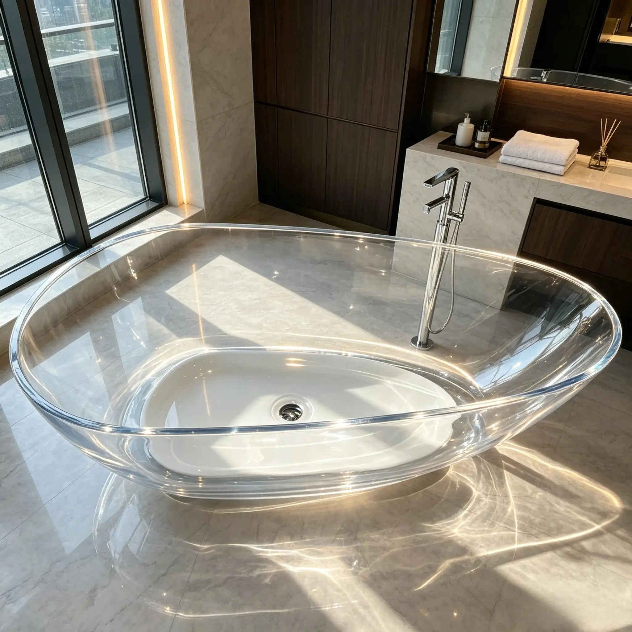 a*-Clear Transparent Resin Freestanding Bathtub Oval Crystal Gloss Soaking Tub for 5 Star Hotel Villa Sea View Bathroom.