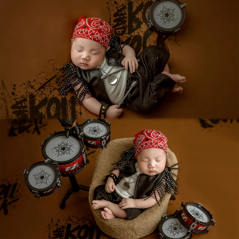 Trajes de fotografía de banda de Rock para recién nacido, juego de ropa de cuero de tambor fresco, adornos, accesorios de fotografía de estudio