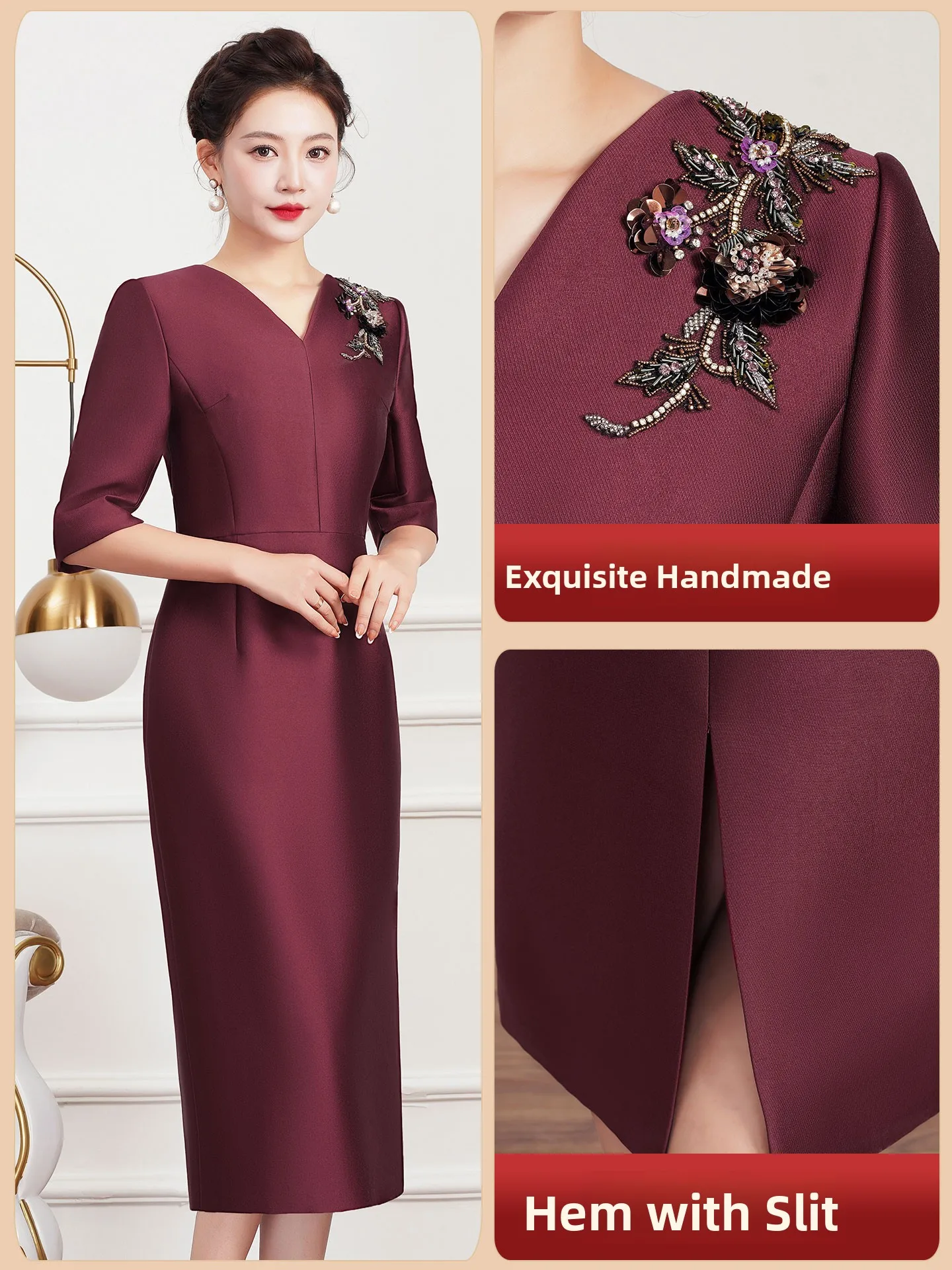 

Elegant V-Neck Beaded Wedding Dress for Mom Young Fashionable mid Waist Silk Satin Fit Bodycon Style Wedding Celebration Gown