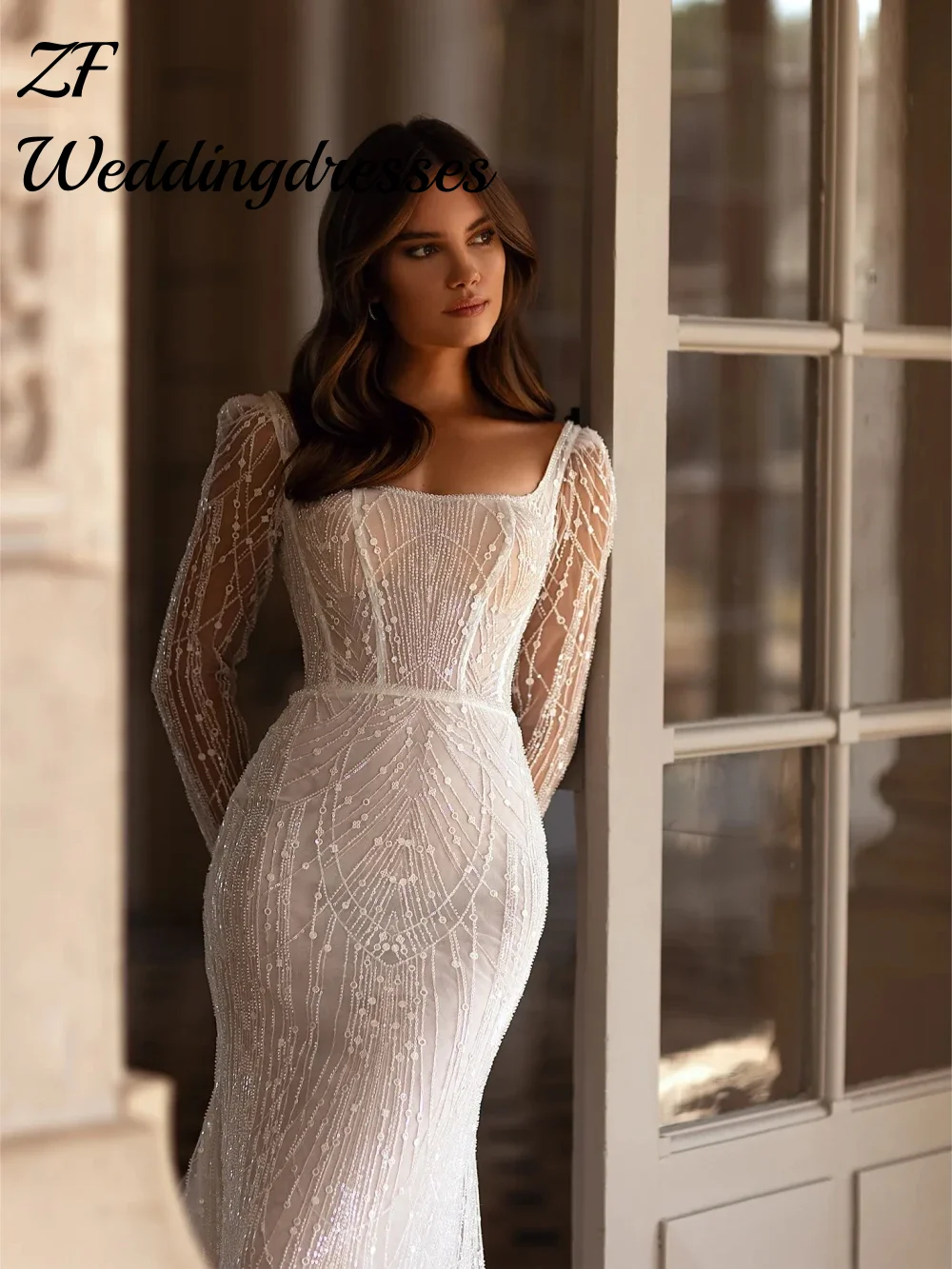 Vestidos encantadores personalizados para noiva lindo frisado pescoço quadrado vestido de casamento elegante sereia manga longa vestido de noiva novo