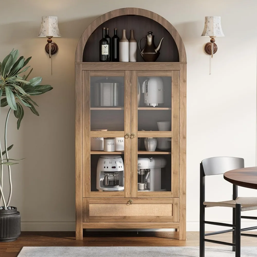 

71” Tall Arched Kitchen Pantry Cabinet, Modern Farmhouse Hutch Storage Cabinets with Large Drawer and Glass Doors for Kitchen, D