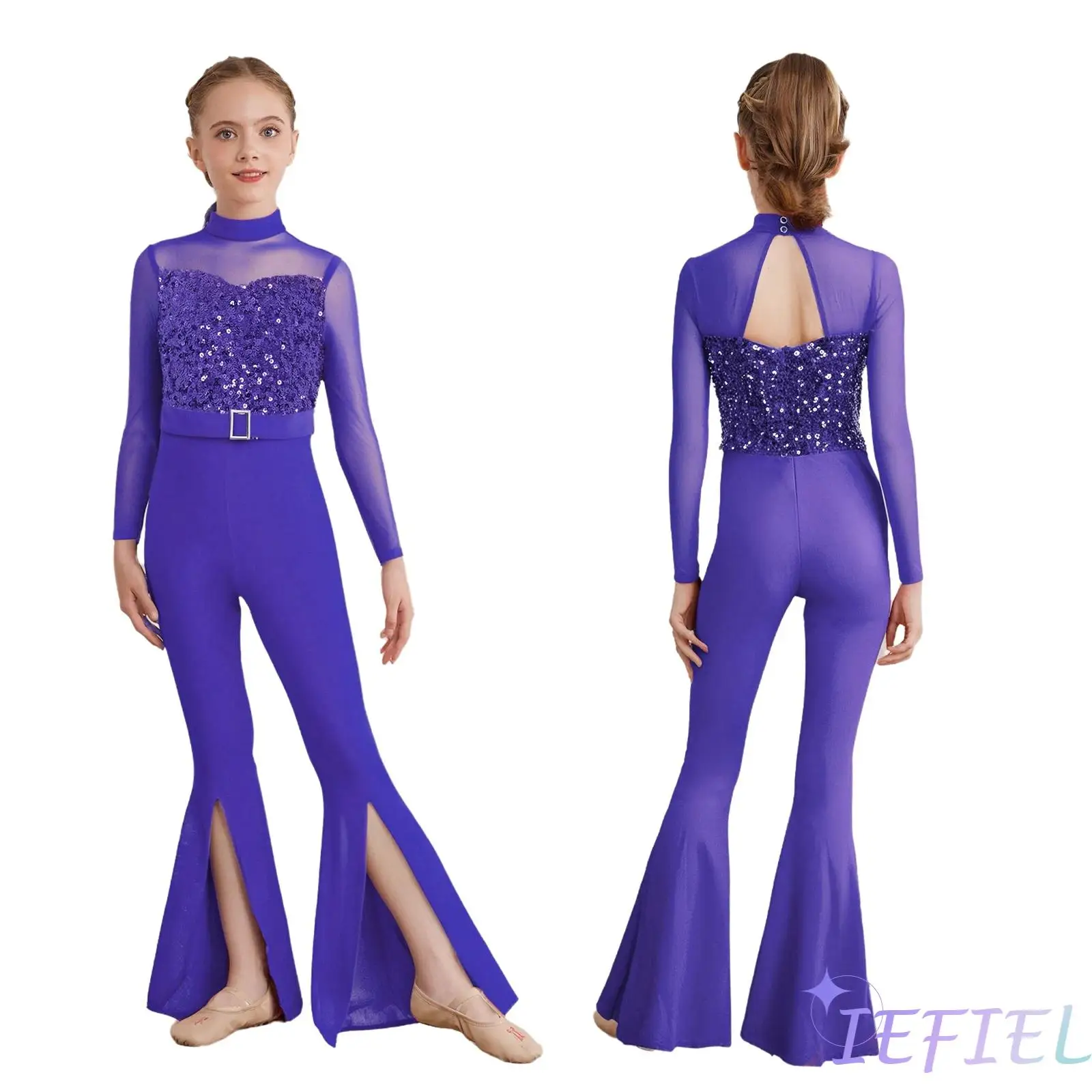 

Kids Girls professional Jazz Dance Jumpsuit Mock Neck Long Sleeve Sheer Mesh Sequins Bell-Bottom Pants Jazz Gymnastics Dancewear