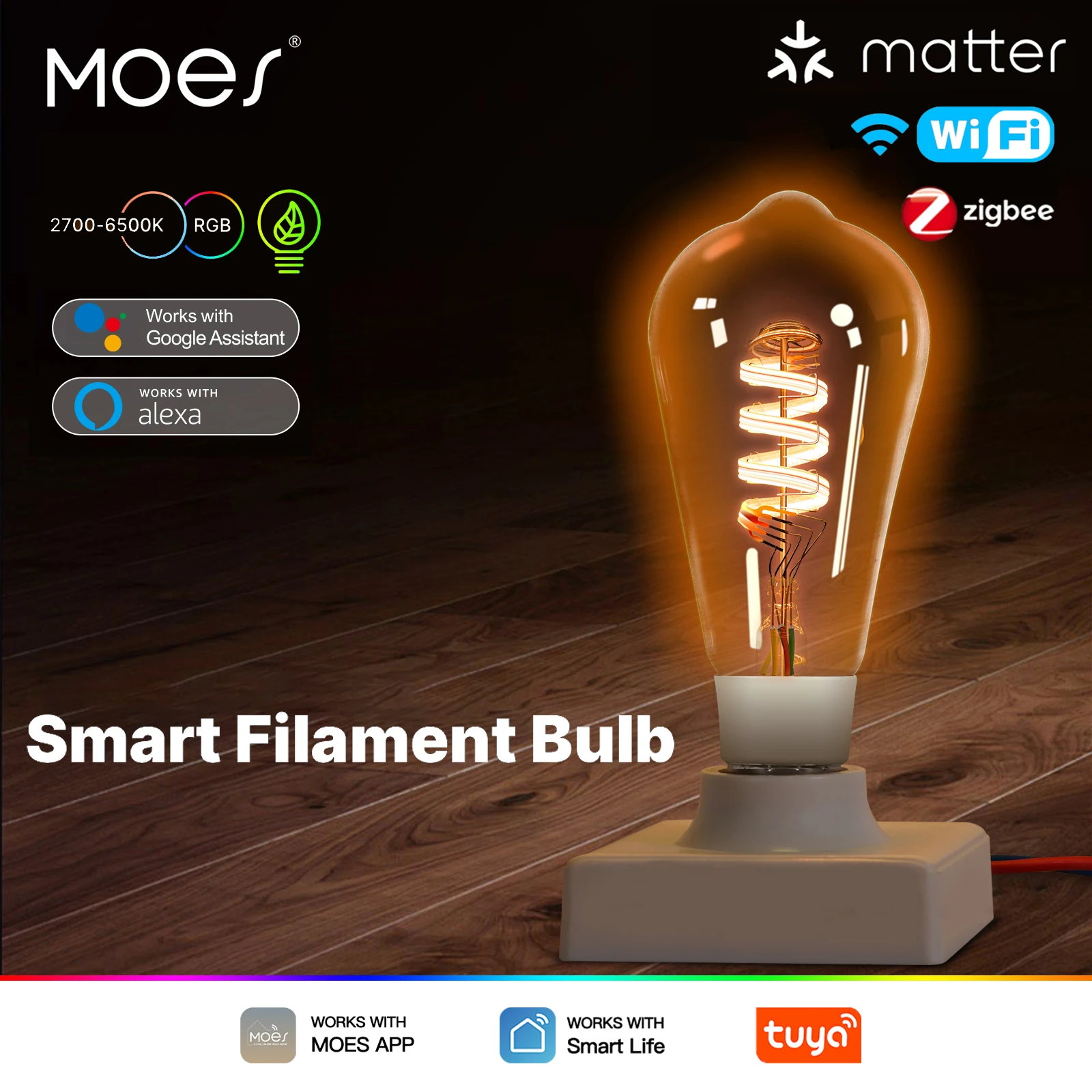 MOES ST64 Smart LED Bulb Edison, Tuya Matter/WiFi/Zigbee, 16M RGB Colors Dimmable, 2700K-6500K, Works with Alexa Google Home