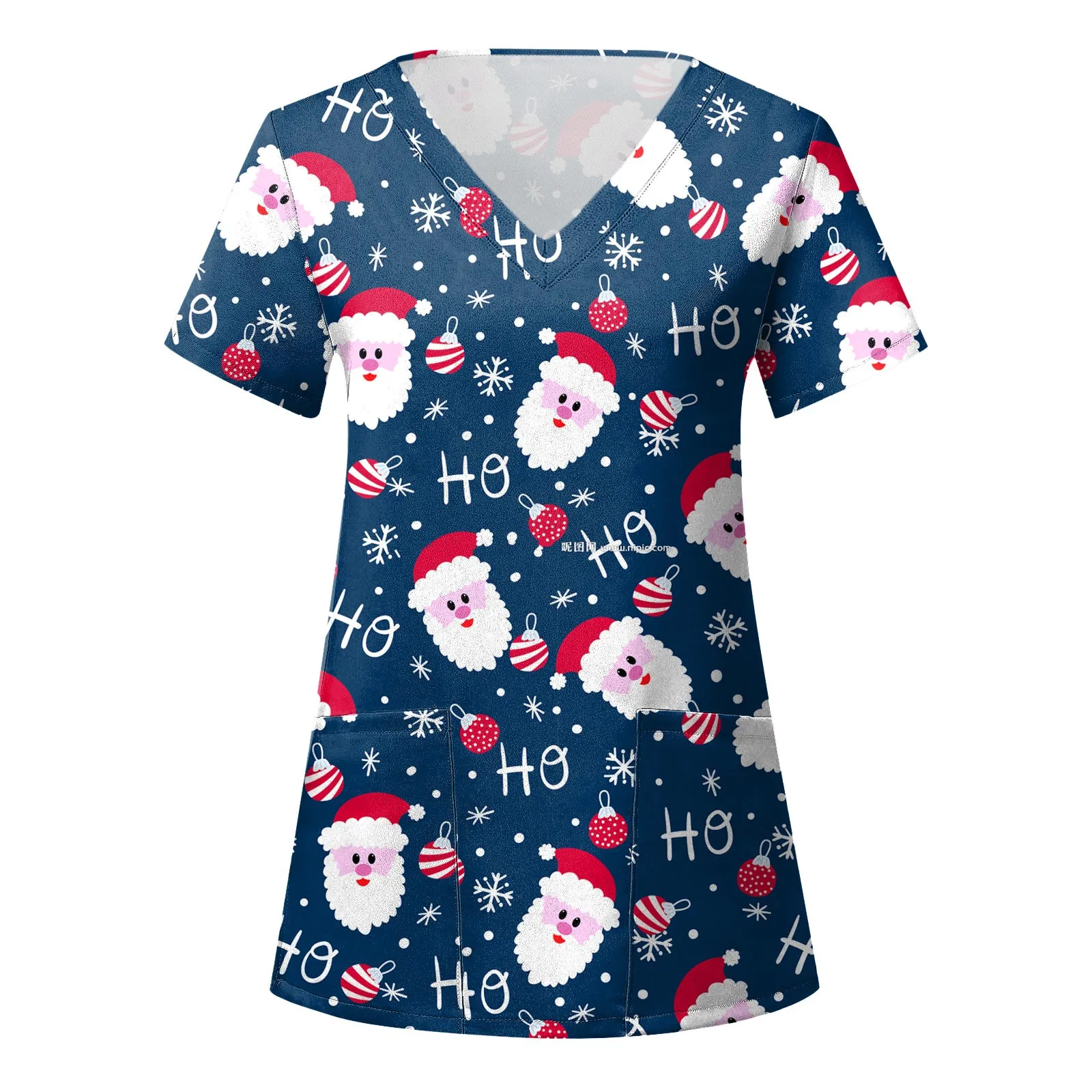 

Christmas Nurse Uniform Scrubs Womens Xmas Santa Claus Print Short Sleeve Pockets Shirts Nursing Healthcare Working Workwear