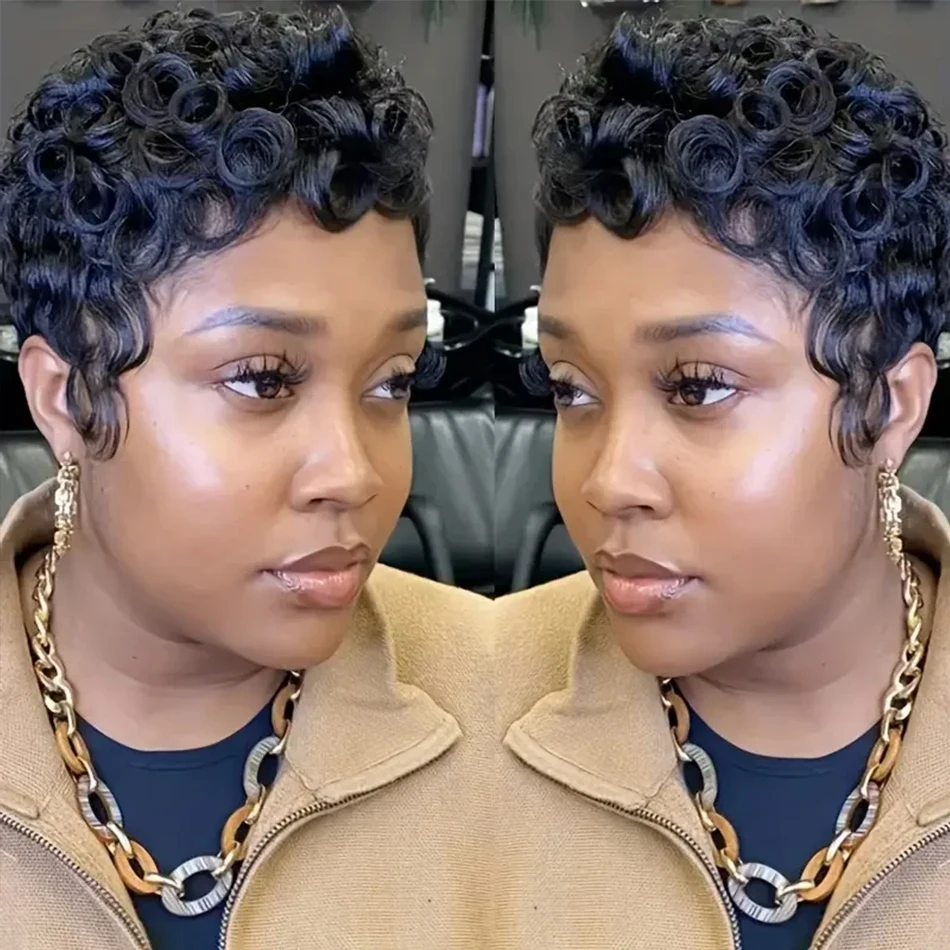 짧은 픽시컷 가발, 루즈 컬리 웨이브 레이어드 버진 브라질리언 레미 인모 가발, 앞머리 포함, 여성용 풀 머신 메이드 가발