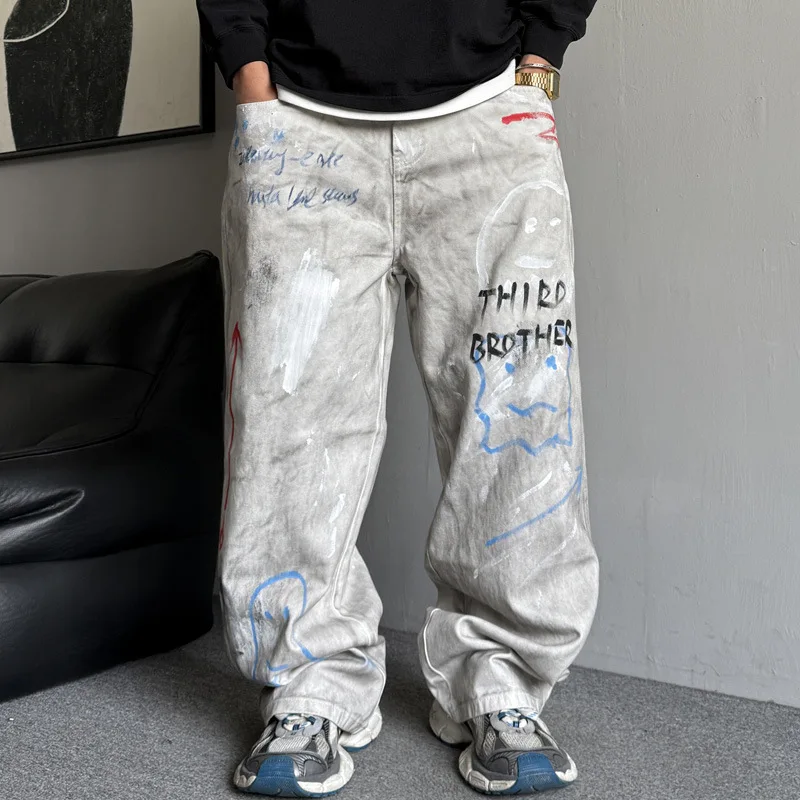 American casual hooligan handsome graffiti painted retro distressed jeans men's straight leg loose high street wide leg pants