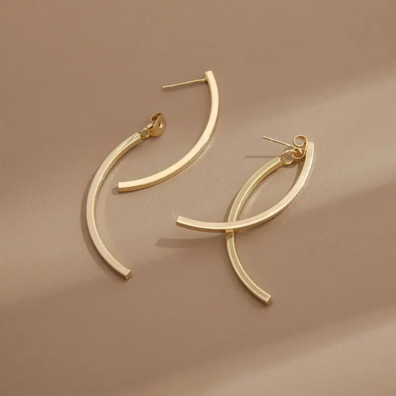 Korean Stylish Cross Arc Long Drop Earrings for Women Fashion Simple Hanging Dangling Earrings Jewelry Female Christmas Gift